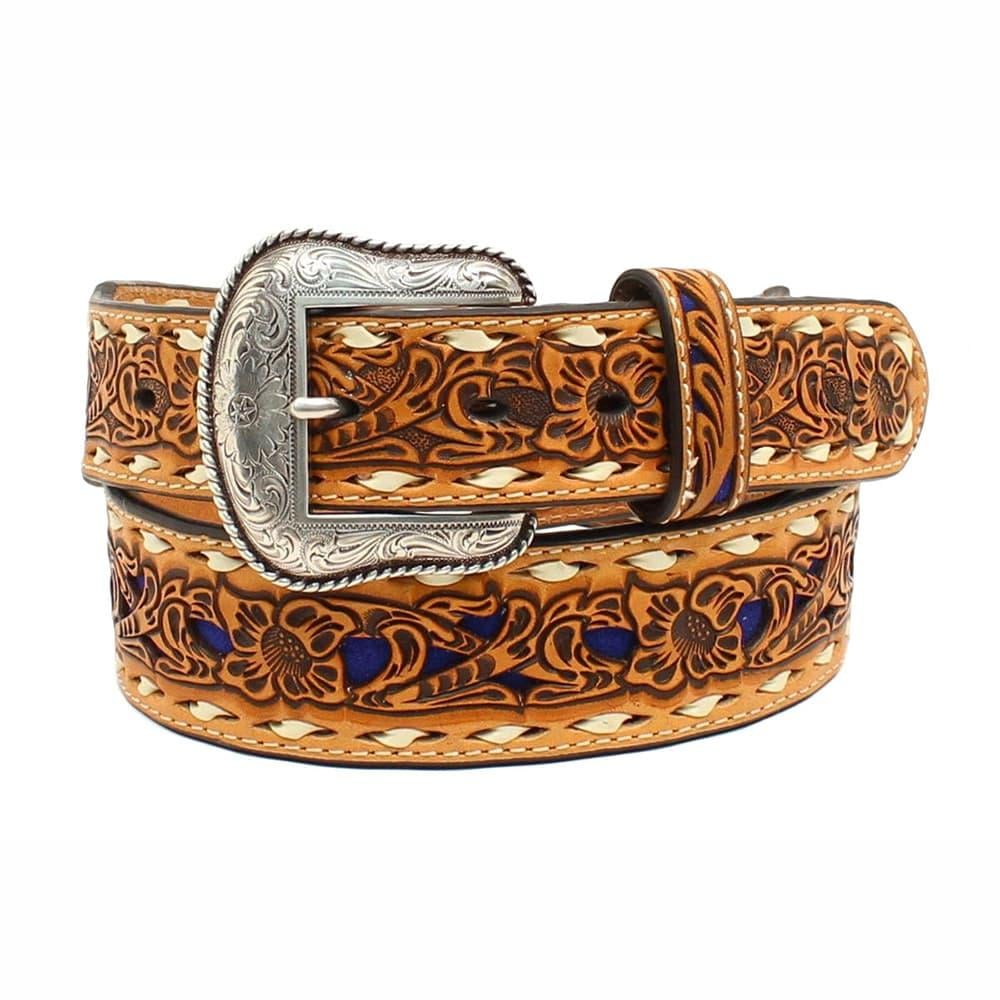 Nocona Mens M & Amp ; F Western Tan And Blue Tooled Leather Belt
