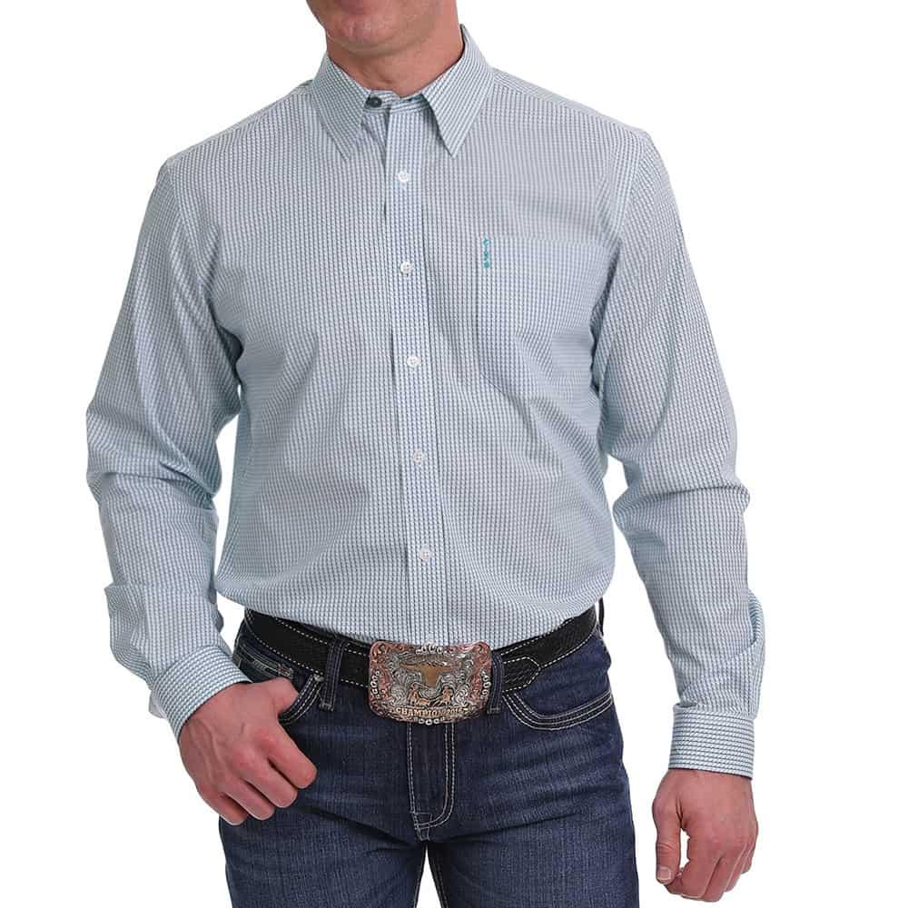 Cinch Men's White, Teal, & Navy Geometric Print Button Down Shirt