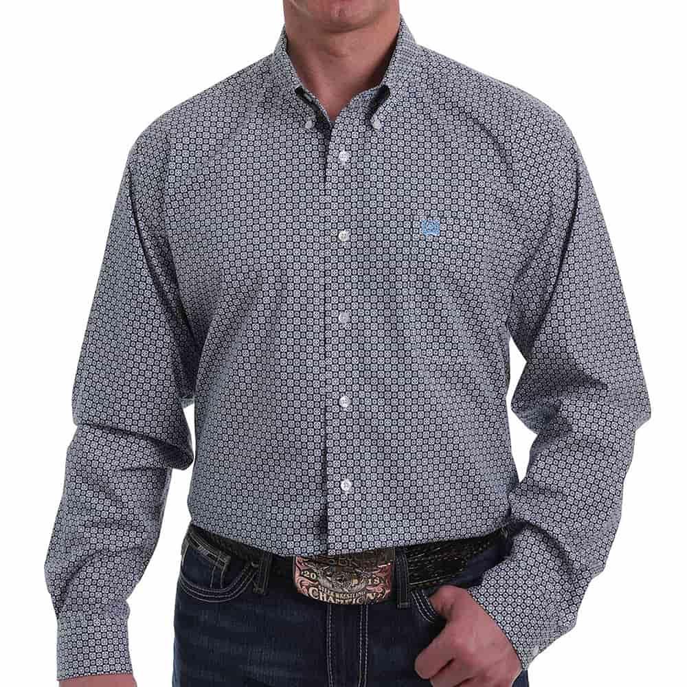 Cinch Men's White & Blue Floral Geometric Button-Down Shirt