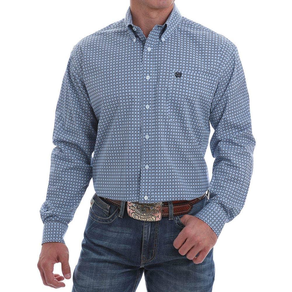 Cinch Men's Blue and White Dot Print Button-Down Shirt
