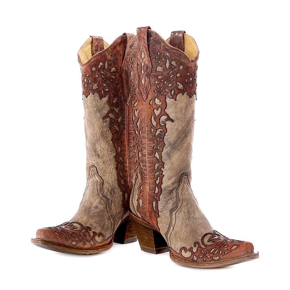 Corral Sand Cognac Lace Overlay Snip Toe Boots | D&D Texas Outfitters